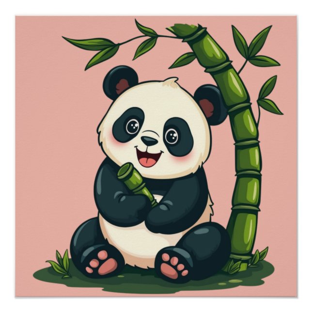 Póster Panda Adorável Abraçando Bambu Arte Fofo de Desenh (Frente)