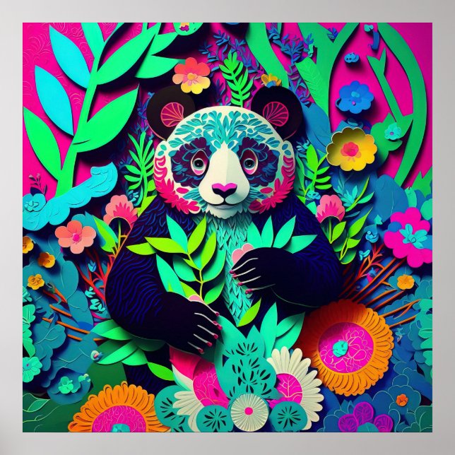 Poster Panda Arco-íris Recorte de Papel Falso (Frente)