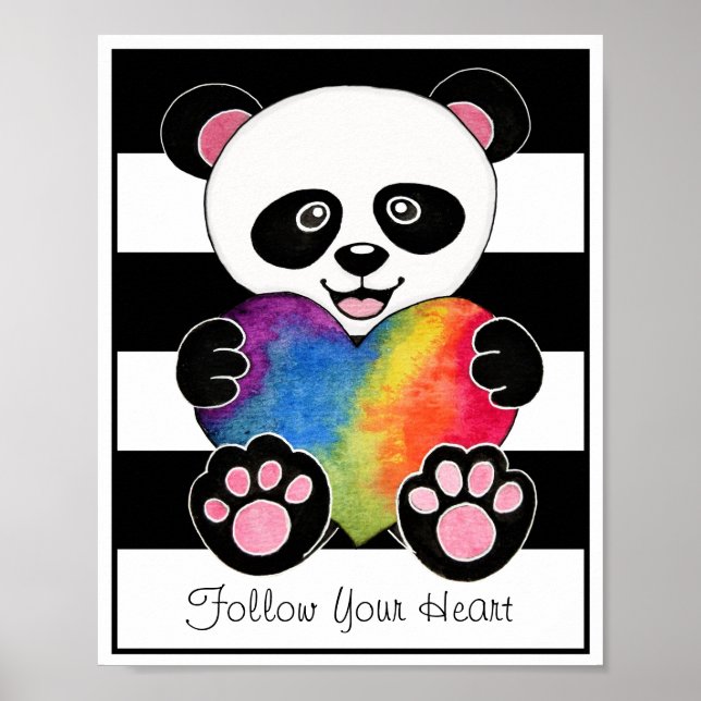 Poster Panda Cuta De Aquarela Com Coração Arco-Íris (Frente)