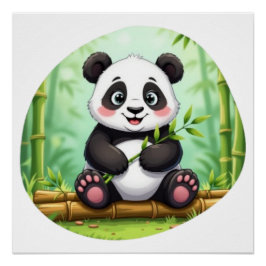 Póster Panda de Desenho Animado Fofo em Remendo de Bambu