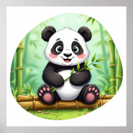 Poster Panda de Desenho Animado Fofo em Remendo de Bambu