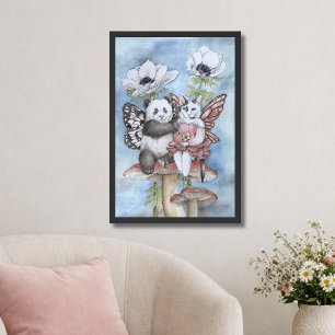 Poster Panda e Fada Gata Amigos com Flores de Anêmona