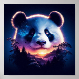 Poster Panda Face com Floresta Surreal e Sunset