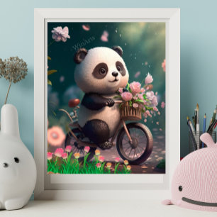 Poster Panda Fofa andando de Bicicleta com flores Arte