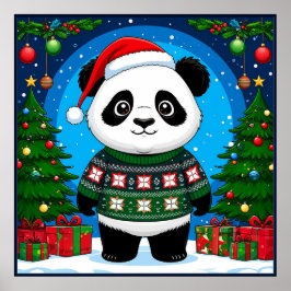 Poster Panda Fofa de Suéter de Natal Usa Chapéu de Papai 