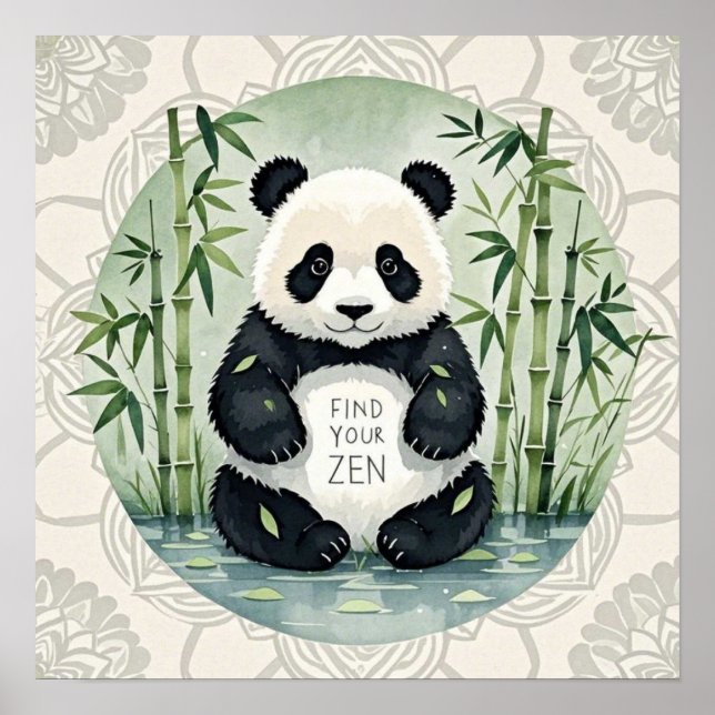 Poster Panda grande e fofo sentado em uma pose de lótus (Frente)
