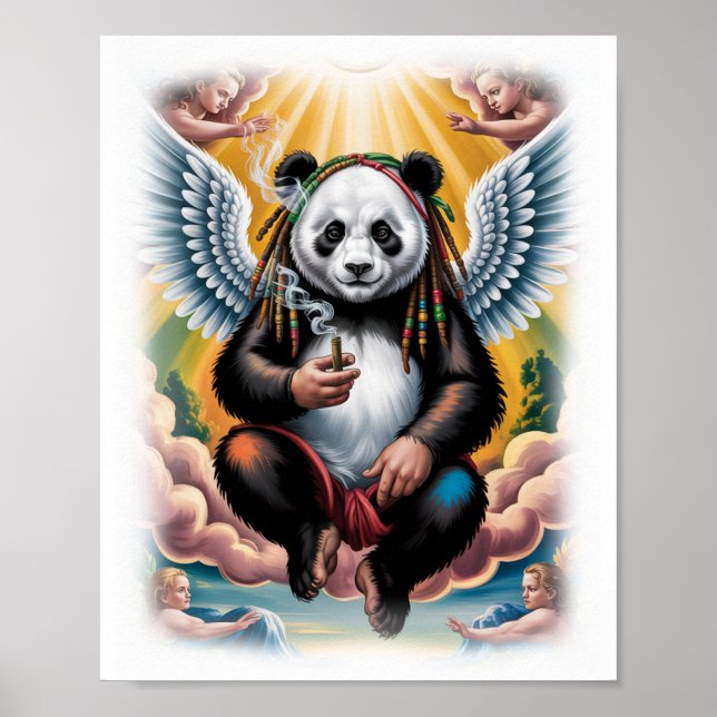 Poster Panda Jamaicano Colorido com Anjos em um Branco (Frente)