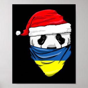 Poster Panda no chapéu de Papai Noel e bandeira da Ucrâni