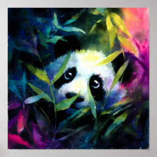 Poster Panda Peeking Bamboo Watercolor