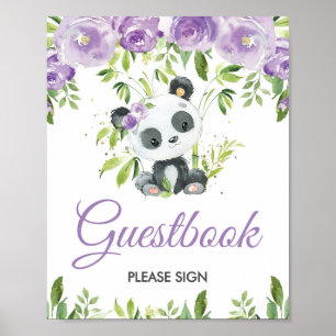 Poster Panda Purple Floral Greenery Bamboo Sinal Guestboo