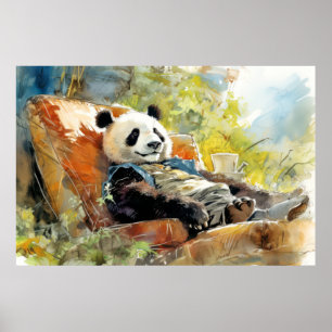 Poster Panda Relaxando Em Jardim, Diversão Animal Feliz T