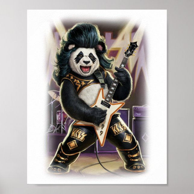 Poster Panda Rocker has Fun playing Hard Rock on a White (Frente)