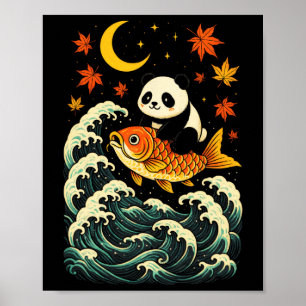 Poster Panda Surfando Onda - Arte Divertida de Animal Jap