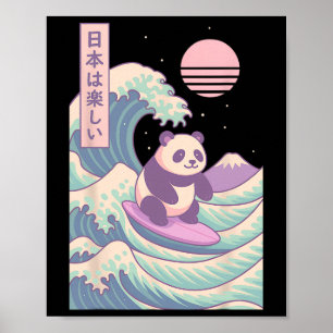 Poster Panda Surfando Onda Japonesa Japão
