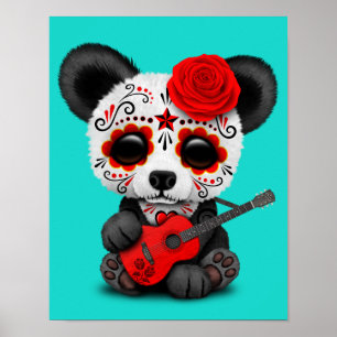 Poster Panda vermelha do crânio do açúcar que joga a
