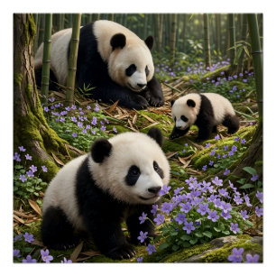 Póster Pandas Fofos em Cena da Natureza da Floresta Verde