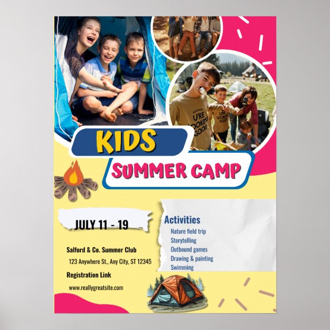 Poster Panfleto de Acampamento de Verão para Crianças, Bo (Frente)