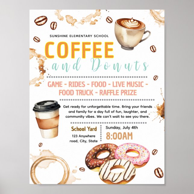 Poster Panfleto de angariação de fundos com donut e café  (Frente)