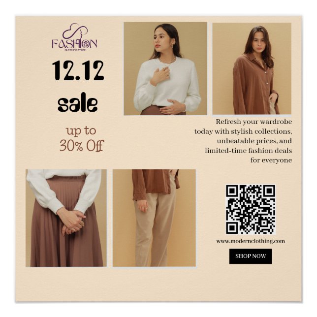Póster Panfleto de Venda de Moda 12.12 Até 30% de Descont (Frente)
