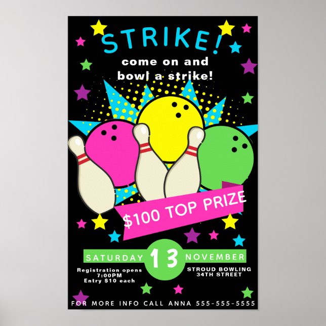 Poster Panfleto noturno de boliche neon-glow, torneio de  (Frente)
