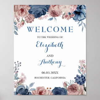 Poster Pano de Fundo Casamento Aquarela Rosa Azul Marinho