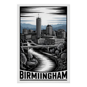 Póster Panorama de Birmingham Alabama Preto e Branco Xilo