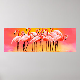 Poster Panorama de flamingos cor-de-rosa brilhante