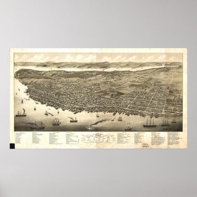 Póster Panorama de Halifax, Nova Escócia, Canadá (1879) (Frente)