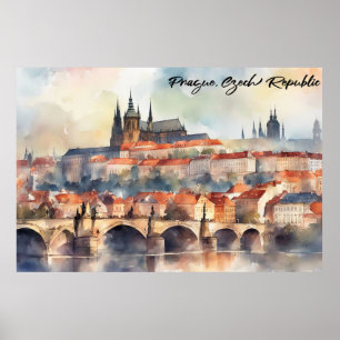 Poster Panorama de Praga República Tcheca em Aquarela