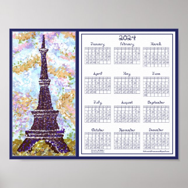 Poster Panorama de Torre Eiffel no Calendário 2024 (Frente)