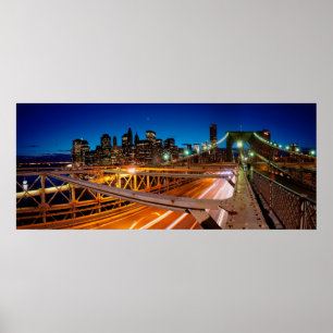 Póster Panorama NYC da noite da ponte de Brooklyn