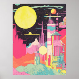 Poster Panorama Planetário: Uma Cidade Viva e Fusão Cósmi