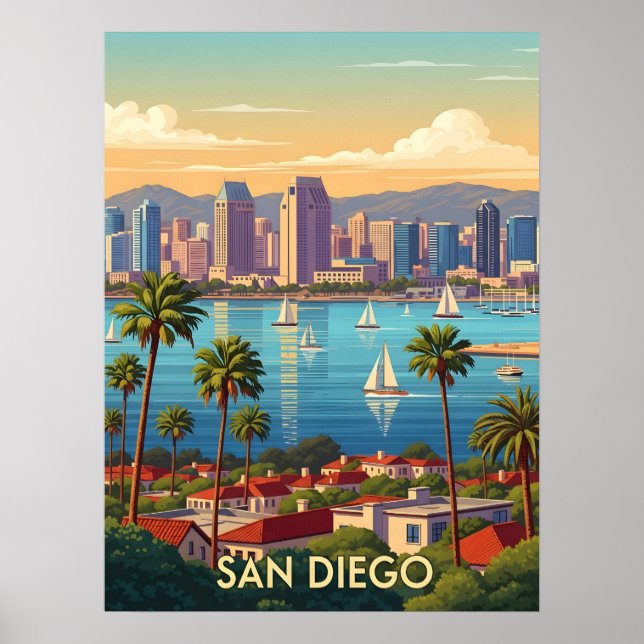 Poster Panorama Retrô da Costa de San Diego, Califórnia (Frente)
