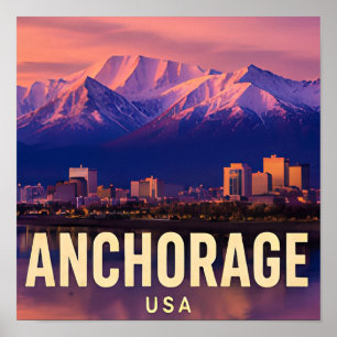 Poster Panorama urbano da montanhosa Anchorage Alasca cob