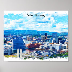 Poster Panorama Vista de Oslo Noruega Pintura Aquarela