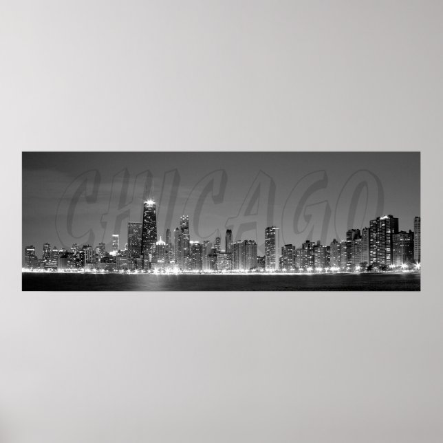Poster Panorâmica do Skyline de Chicago à Noite (Frente)