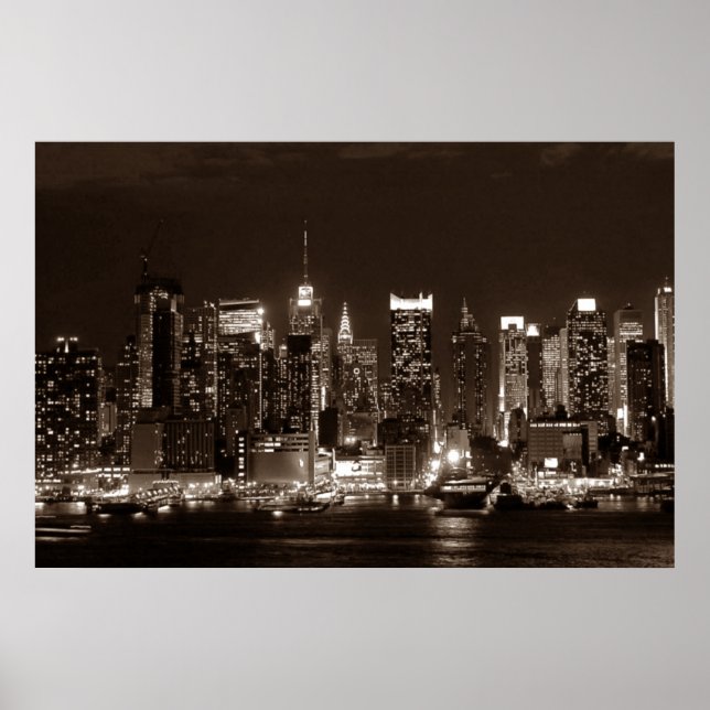 Póster Panorâmica Sepia Brown Nova Iorque Night Trabalho  (Frente)