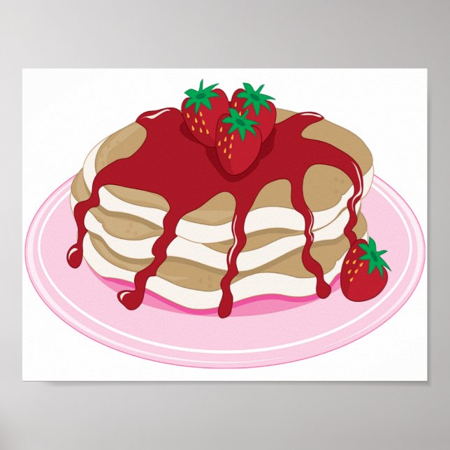 Póster Panquecas de Morango Doce Comida de Café da Manhã (Frente)