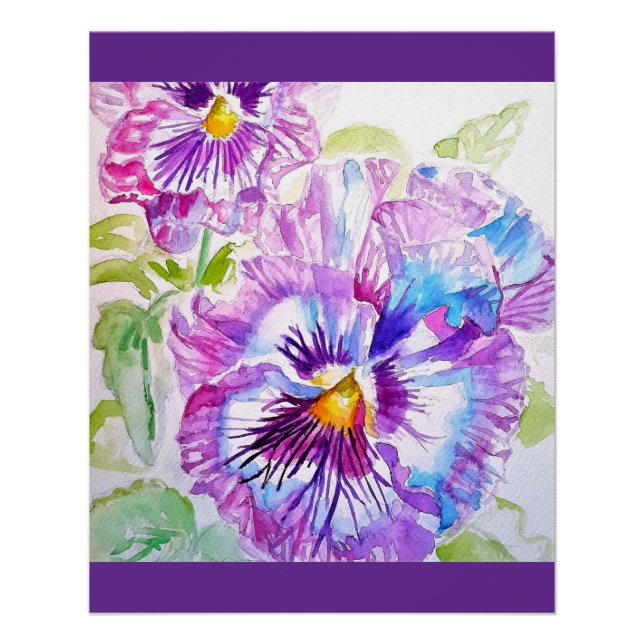 Póster Pansy Watercolor Pattern on Purple Blue Pansies (Frente)
