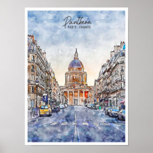 Poster Panteão Paris França aquarela de viagem vintage