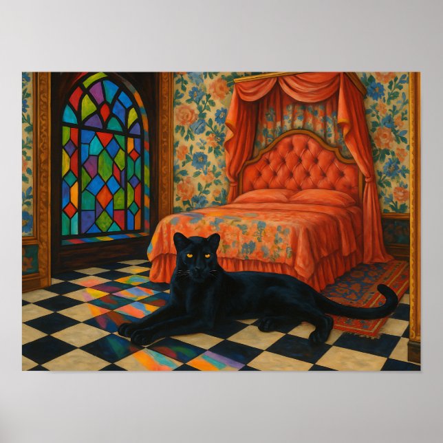 Poster Pantera Mística em Quarto com Vitral Ornamentado (Frente)