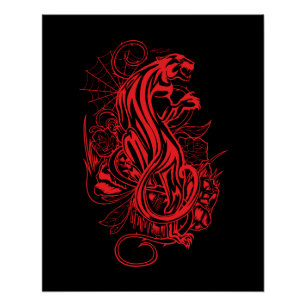 Póster Pantera Vermelha Estilo de Tatuagem Gótica Negra A