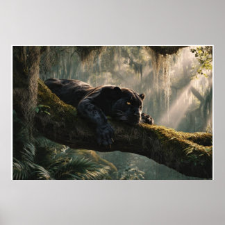 Poster Panther Negro Descansando em Galho em Floresta Den