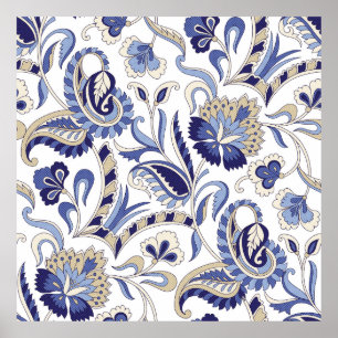 Poster Paola azul indiana tradicional sem costura, padron