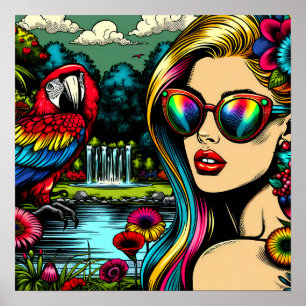Poster Papagaio Fofo e Mulher Bonita no Jardim