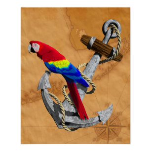 Póster Papagaio Tropical E Âncora