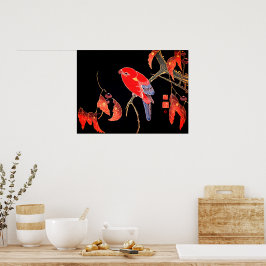 Poster Papagaio Vermelho Japonês em galho de árvore por I