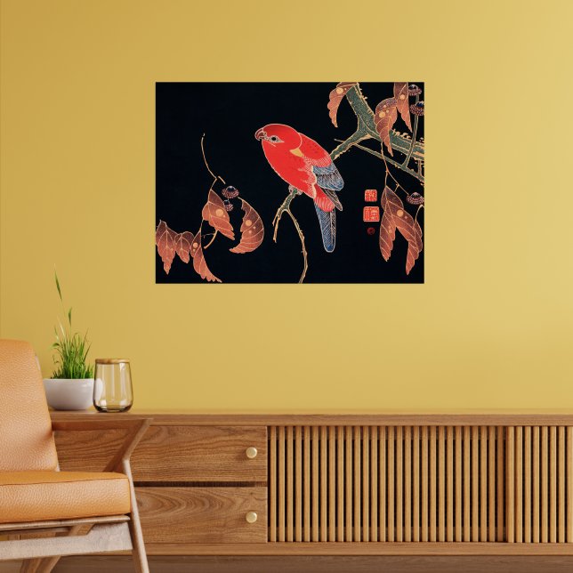 Poster Papagaio Vermelho no Galho de uma Árvore, (Sala de Estar 2)