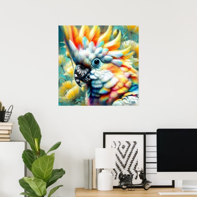 Poster Papagaios Amarelos de Aves Cockatoas Floral (Escritório em casa)