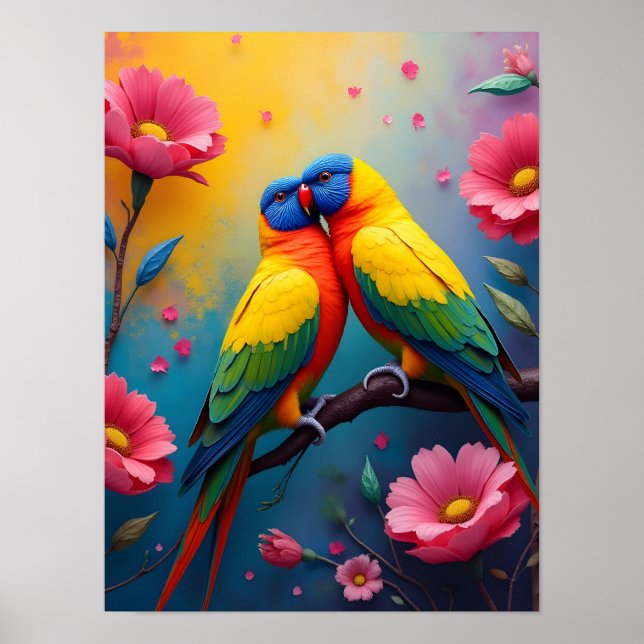 Poster Papagaios belas cores e flores (Frente)